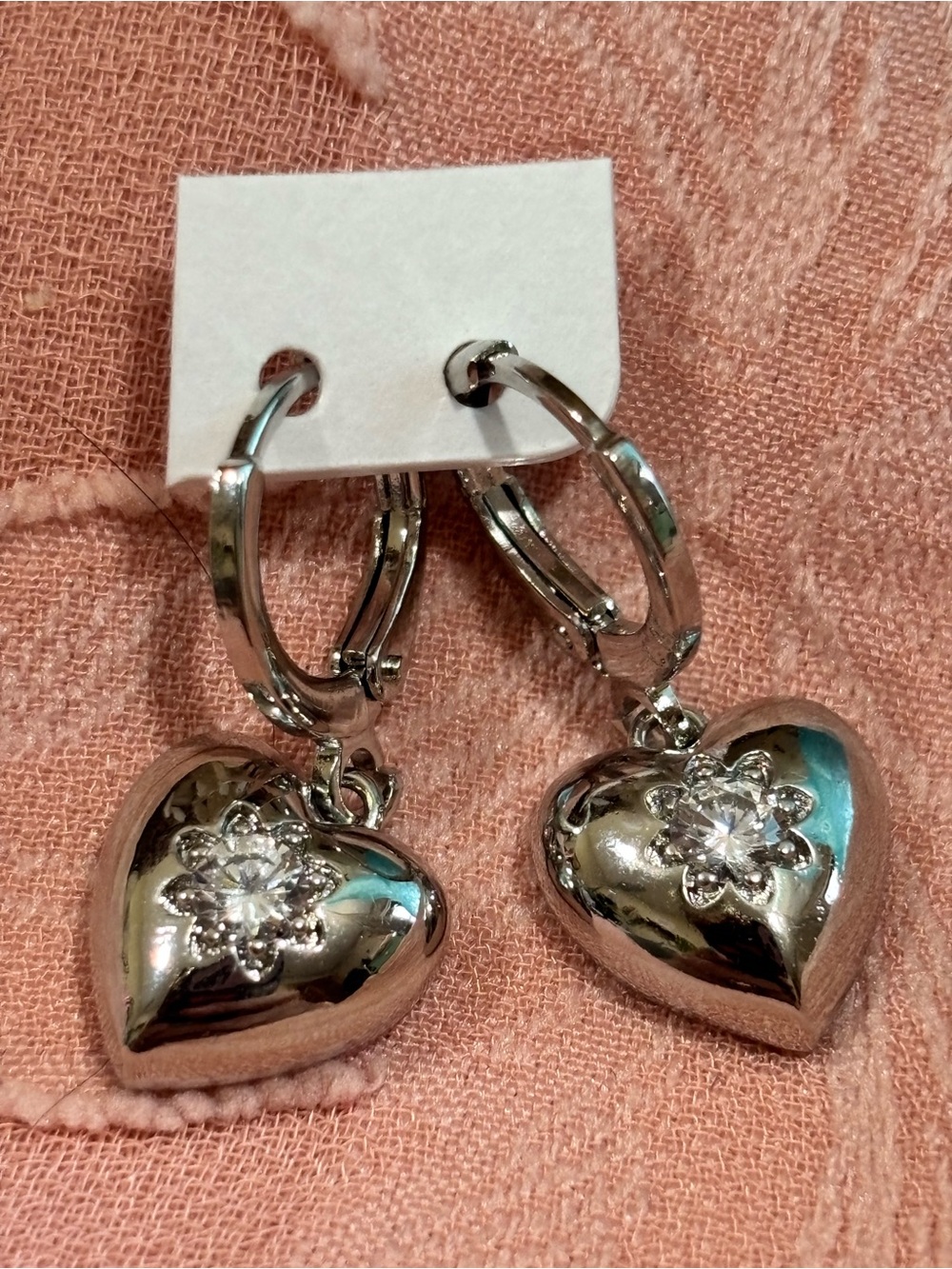 18kt gold filled Silver Heart with AAA cz’s Drop Hoop Earrings